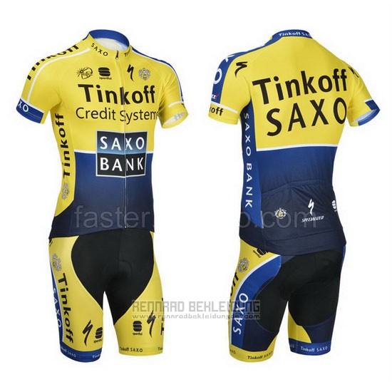 2014 Fahrradbekleidung Tinkoff Saxo Bank Blau und Gelb Trikot Kurzarm und Tragerhose